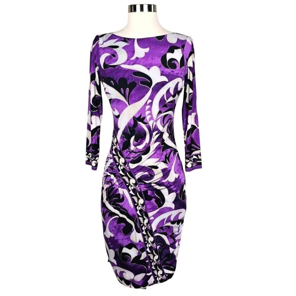 New Cache Jersey Sheath Dress Purple White Black Abstract Print Size XS